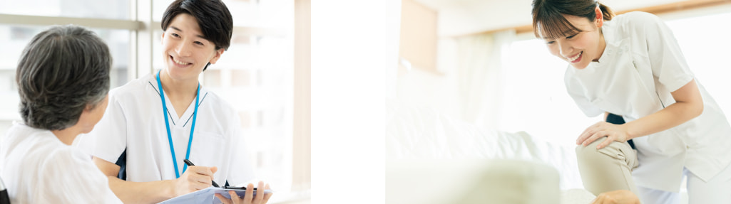 ヒアリングする男性とストレッチの補佐をする女性